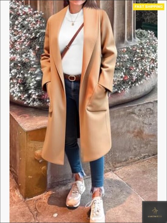 Classic Pea Coat Open Front Lapel Long Trench Loose Fit Winter Outwear - Picture 3 of 7